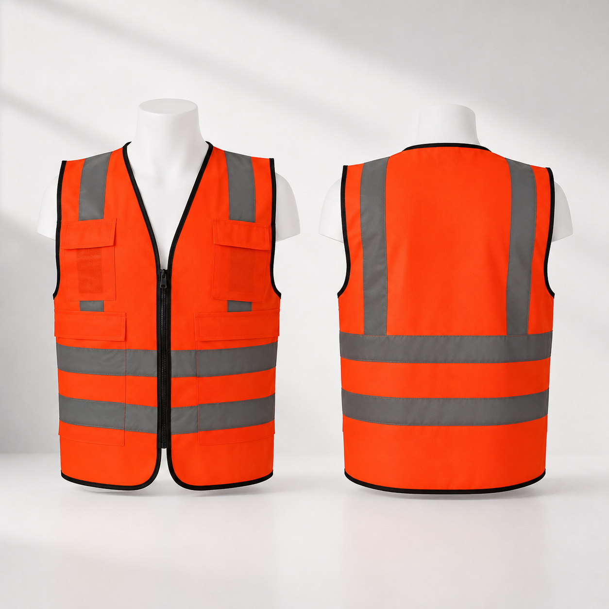 Premium, Executive Safety Fabric Vest with Zipper & Four Pockets, Orange Color