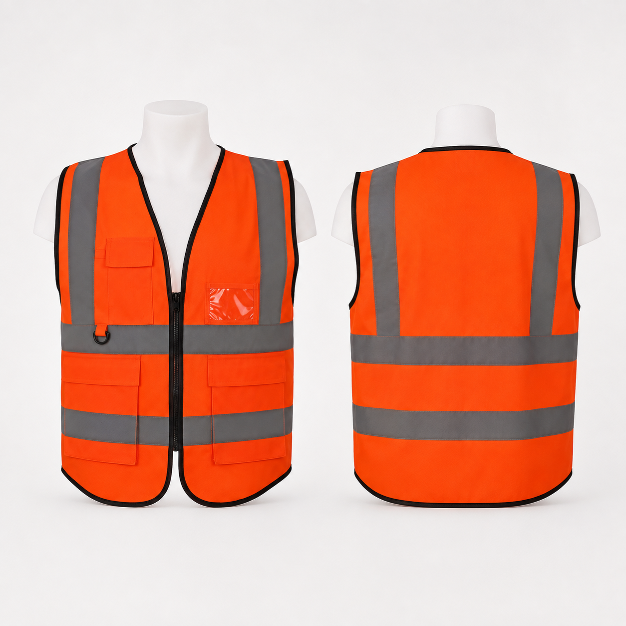 Premium, Safety Fabric Vest with Zipper & 3 Pockets + Id Pocket, Orange Color