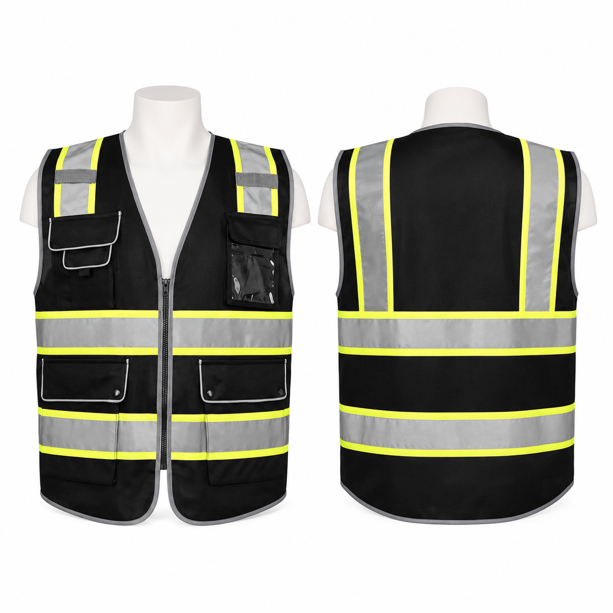 Vaultex Ultra Pro, Premium Safety Fabric Vest with Zipper and 5 Pockets, Black Color